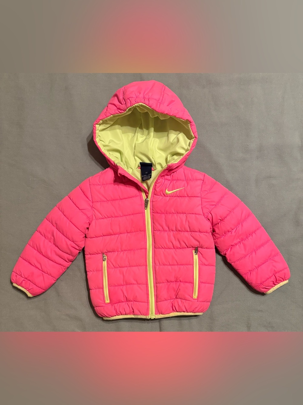 Nike Girls' Hot Pink Puffer Jacket with Yellow Accents